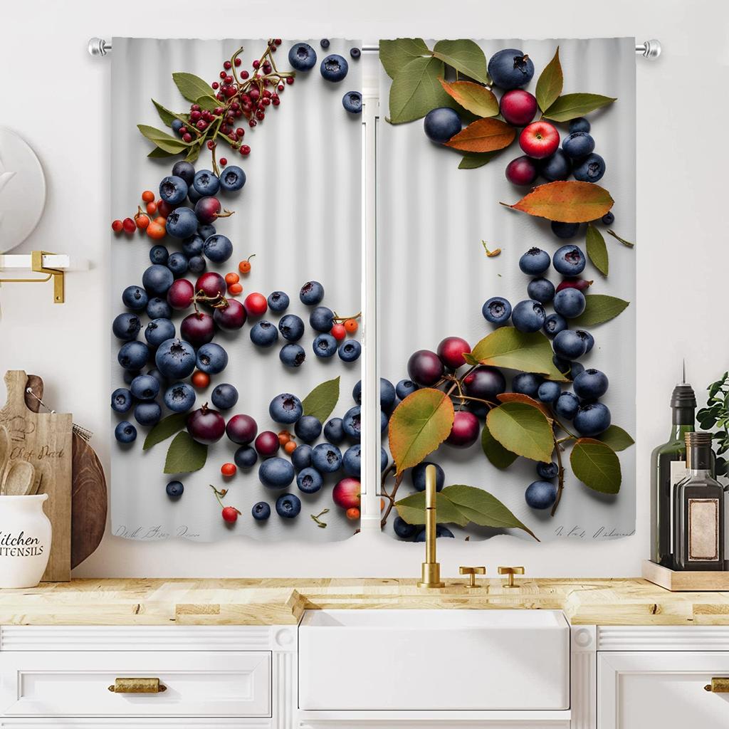 2 Pieces of HD Blueberry Red Fruit Branch Leaf Decoration Curtain White Tie Digital Printed Curtain Home Decoration Style Decora