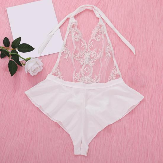 Women Nightdress Halter Neck See-through Lace Off Shoulder Open Crotch Bodysuit Sleeveless Floral Embroidery Slim Fit Playsuit for Wedding