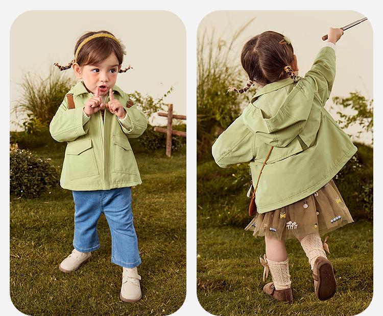 Mini Balabala Girls' and Children's Loose A-Swing Hooded Cotton Soft Three Proof Coat Autumn