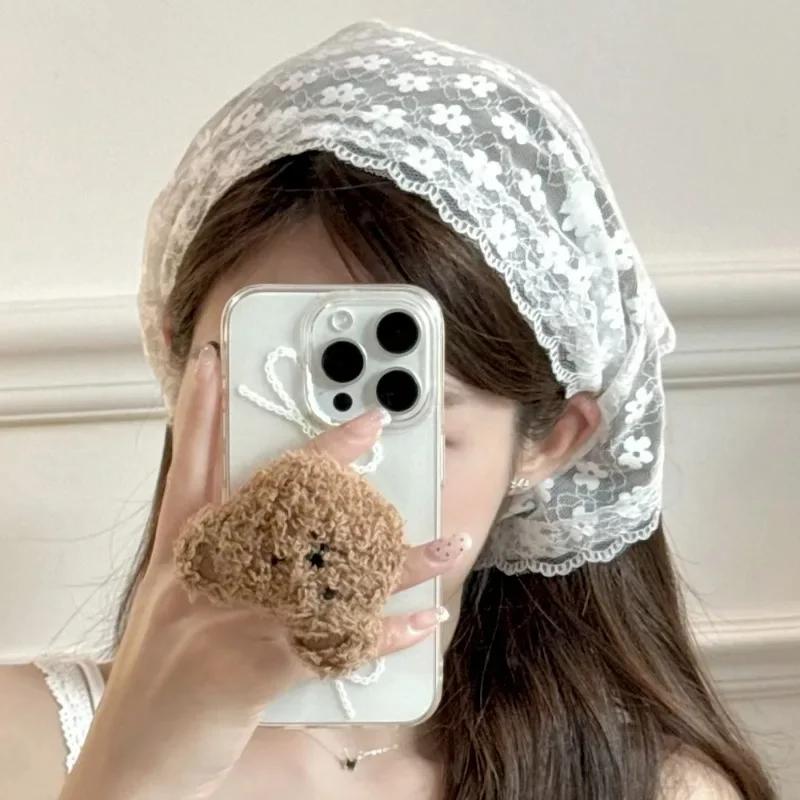 French Solid Color Lace Headscarf Spring and Summer Travel Versatile Sweet Cute Pastoral Style Triangular Hair Scarf for Women