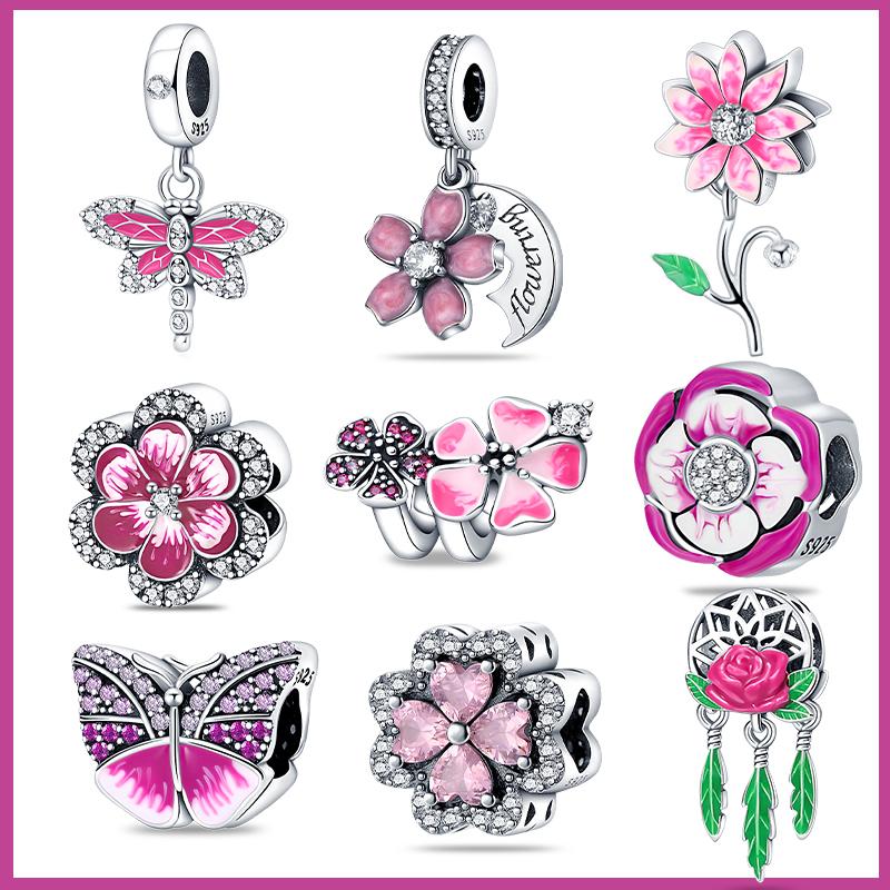 

100% подлинное серебро 925 пробы Розовый цветок Бабочка Подвески Бусины Подходят Оригинальные модные браслеты Ювелирные изделия своими руками Подарки для женщин