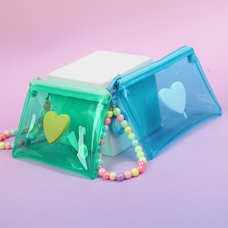 Cute Heart Pvc Transparent Handbag Coin Purse With Beads Chain Women Wallet Zipper Bag Wallet Earphone Key Storage Bag Girl Gift