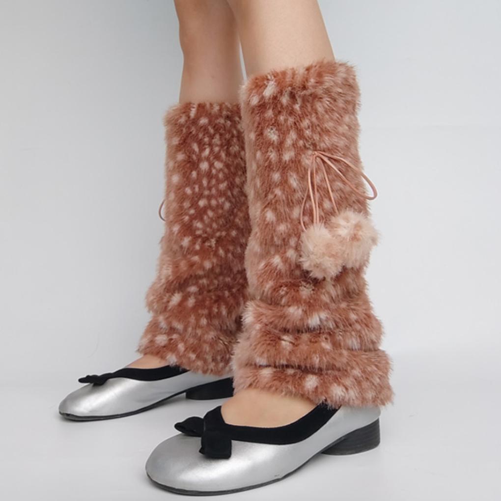 Brown Deer Pattern Artificial Fur Leg Warmers Warm Fur Fluffy Legs Warmth with Bow Tie and Fur Ball, for Women's