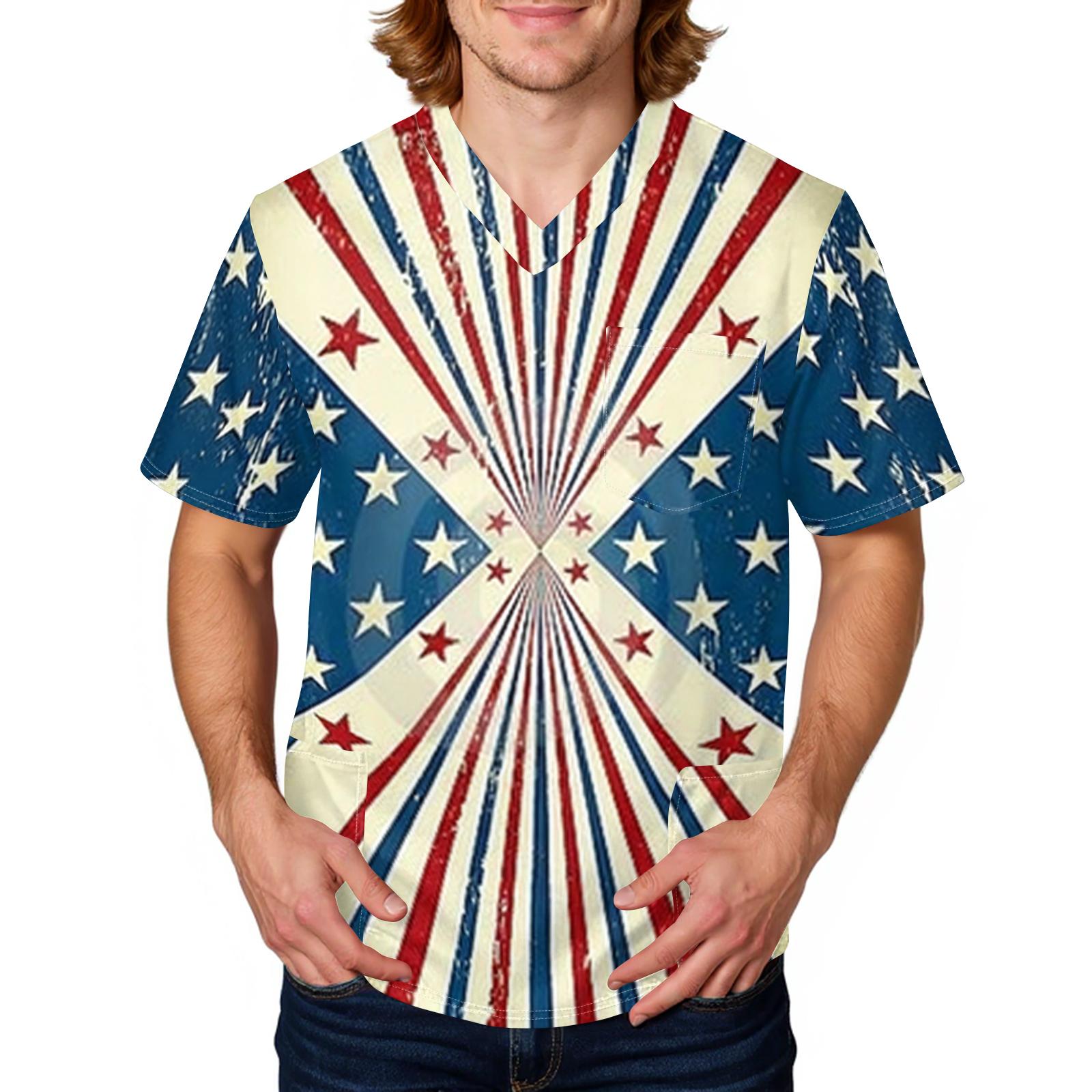 

Men s V Neck Scrub Top with Pocket Independence Day Themed Print Medical Work Shirt for Healthcare Professionals XXL