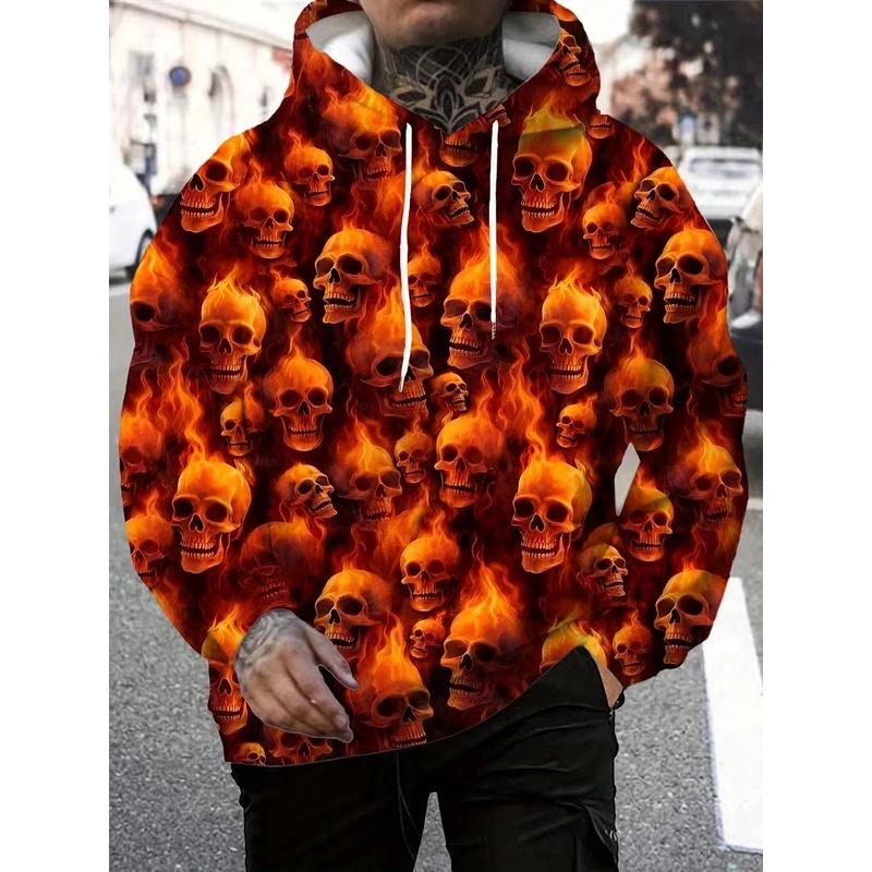 3D Printed Skull Pattern Autumn Men's Hoodies Sweatshirts Drawstring Sportwear Long Sleeved Tops Street Graphic Men's Clothing
