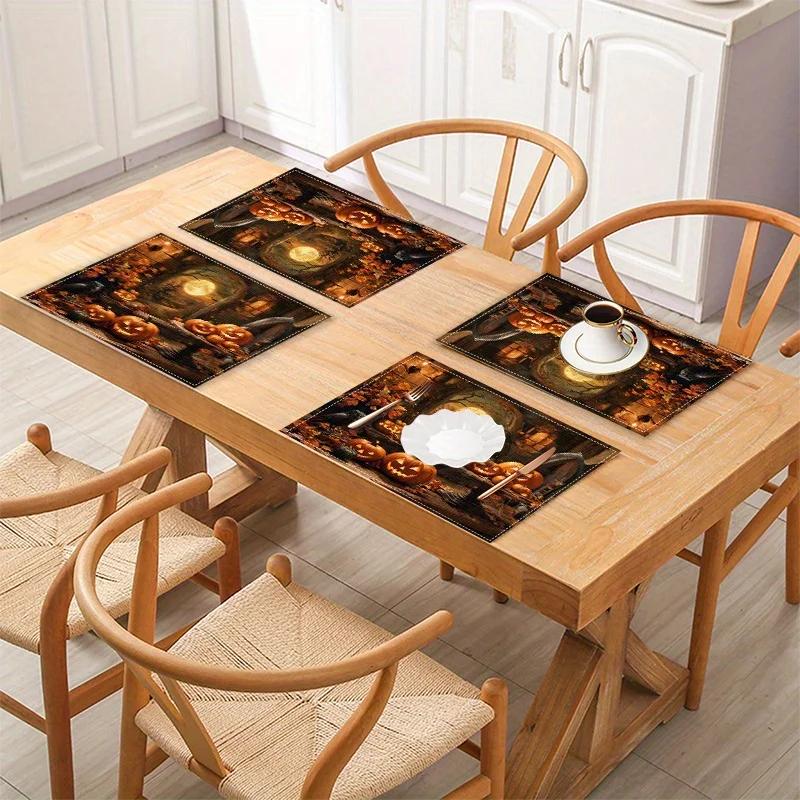 1PC Halloween Linen Meal Mat Set Evil Pumpkin Placemat for Decorating The Kitchen Dining Table Protection Tabletop
