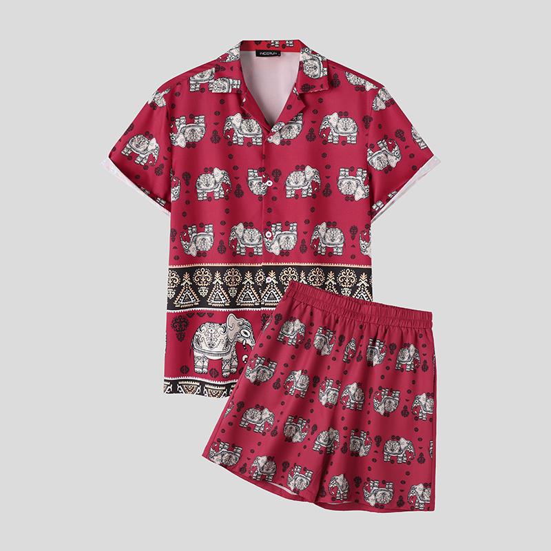 

INCERUN костюм из двух предметов, мужские топы и шорты с короткими рукавами, комплекты пижам с принтом, домашняя одежда XL красный