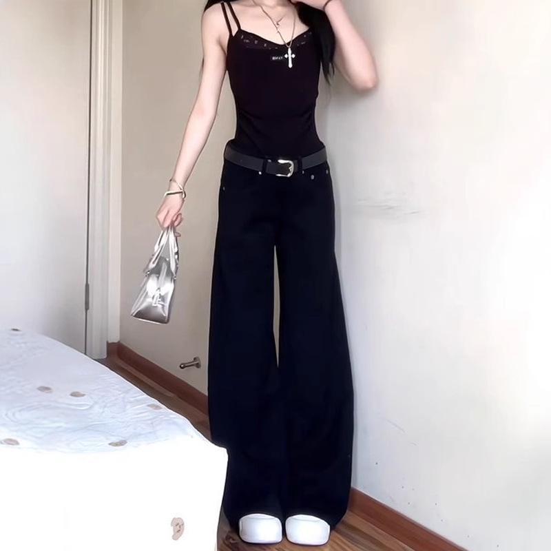 

Women s Black Low-Waist Flared Jeans - Retro, Slim, Loose-Fit, Wide-Leg, Long Summer Style 2XL