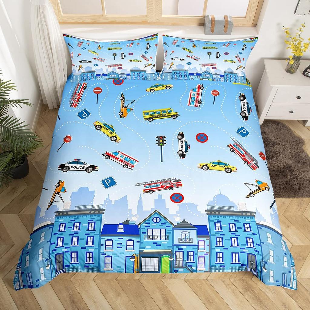 Lenjerie de pat galbenă cu taxi, rege/regină, pentru băieți, desene animate, transport, set de pat roz cu peisaj urban, husă de pilotă din poliester, husă de plapumă