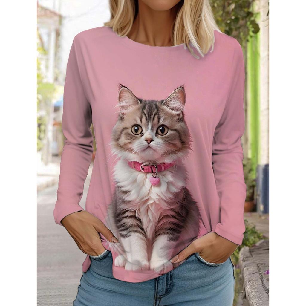 Christmas Cute Cat Women's Long Sleeve T-shirt Round Neck Autumn Animal Clothing Festival Fashion Party T-shirt Top