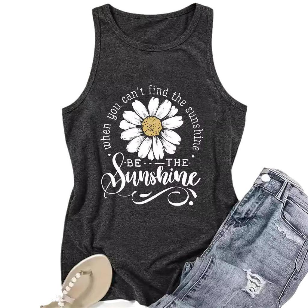 Floral Print Sleeveless Round Neck Women's T-Shirt Pullover Vest for Spring/Summer