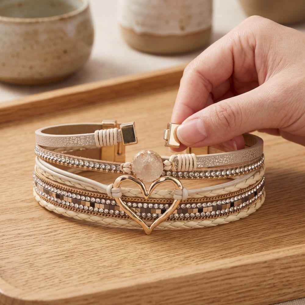 Braided Heart Woven Bracelet Leather Stacked Zircon Bracelets  Female Jewelry