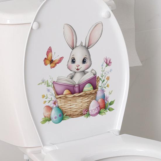 Paas Leuke Konijn Toilet Sticker Waterdichte Toiletbril Deksel Sticker Cartoon Konijn in Vlechtmand Lezend Toiletbril Cover Sticker voor Badkamer Huis