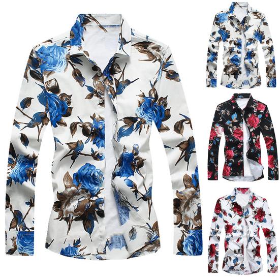 Plus Size Men's Flower Print Slim Fit Shirt Turn Down Collar Long Sleeve Top