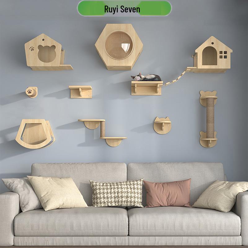 Wall-Mounted Solid Wood Cat Tree with Scratching Board and Jumping Platform