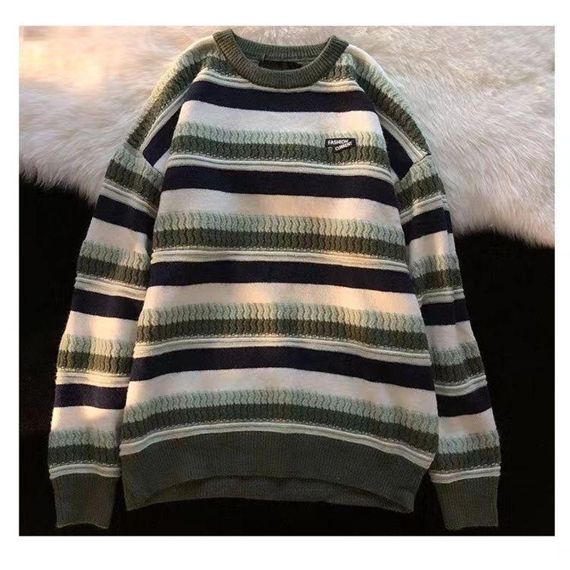 Unisex Striped Crew Neck Knitted Sweater - Autumn/Winter Trend, Hong Kong Style, Loose Fit, Versatile and Cozy.