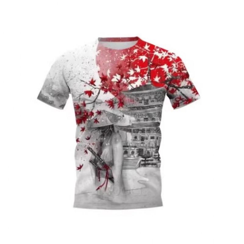 Mens Short Sleeve T-Shirt With 3D Samurai Graphic Print Breathable Cotton Blend Streetwear Style