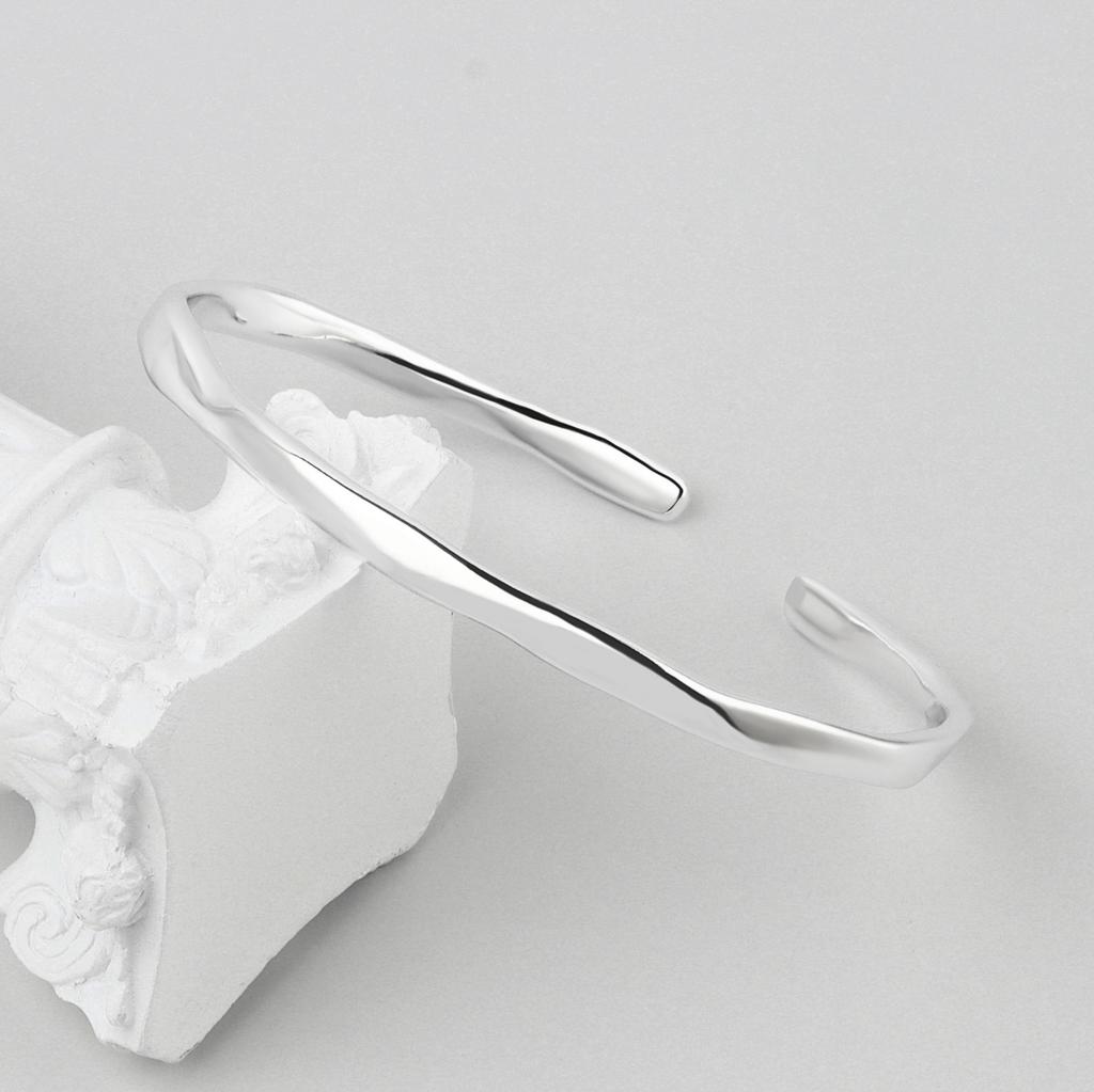 925 Silver Irregular Smooth Open Cuff Bracelet For Women Minimalist Versatile Bangle Gift For Best Friend