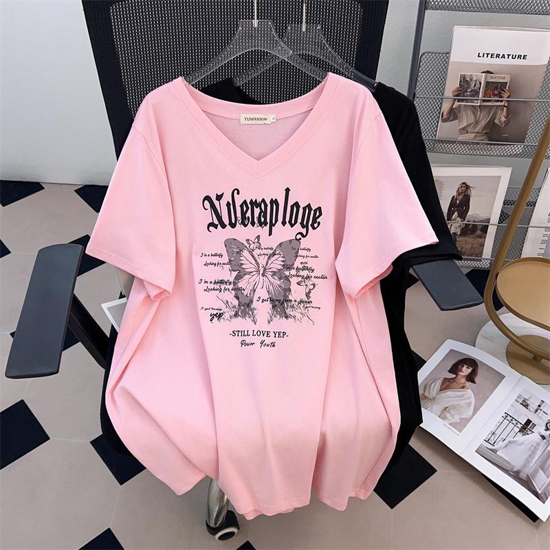 Plus Size V-Neck Short-Sleeve Mid-Length Slimming T-Shirt for Women 2XL