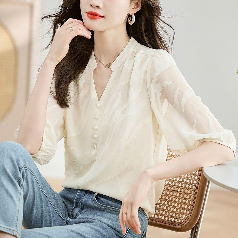 Women's Five Quarter Sleeved Chiffon Shirt Jacquard Summer New Fashionable Loose Shirt Top