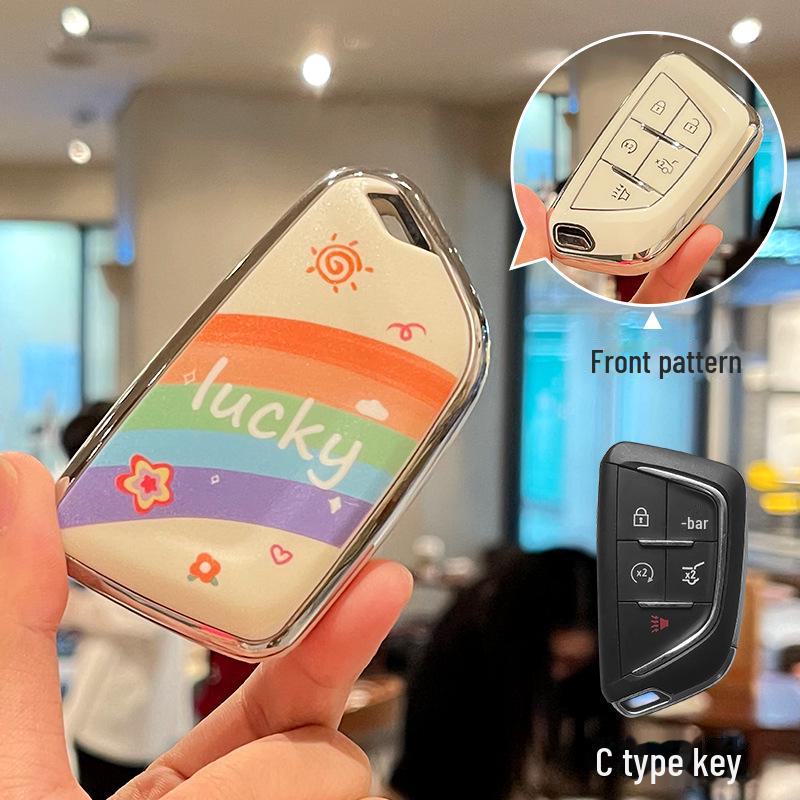 Cadillac CT5 Rainbow Cartoon Pattern Key Cover: Full Package TPU Protective Shell for XT5/XT4/XT6 Model.