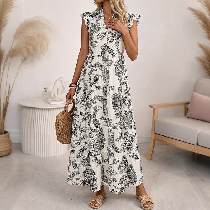 Maxi Abito da Donna Paisley Scollo a V Manica Corta Abito Vita Arricciata Boho Abito Estivo Casual Fluido Abiti Lunghi con Tasche