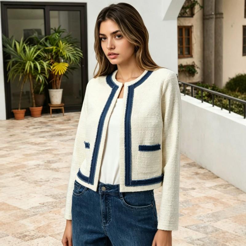 Womens Short Fleece Jacket - Vintage Raw Edge Round Neck Button Detail Lightweight