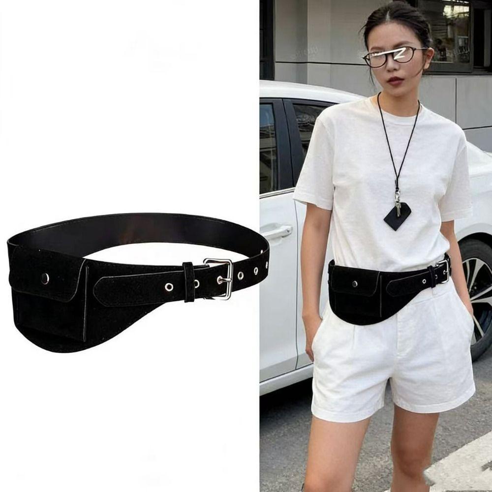 Riñonera de Cinturón de PU Bolsos de Cintura Anchos Moda Bolso de Cinturón para Mujer Exterior