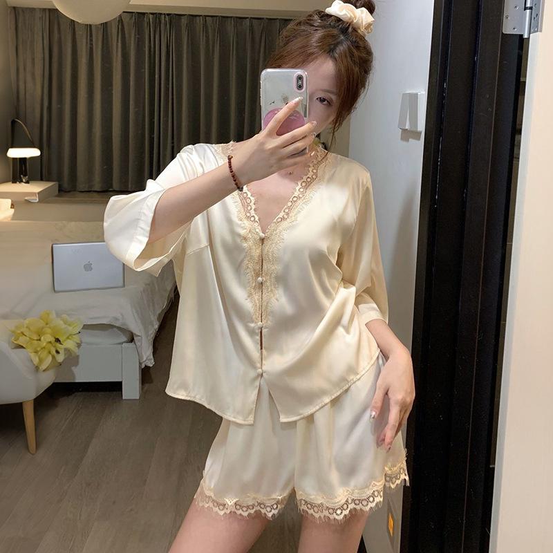 

French light luxury ice silk pajamas women s spring summer tops and shorts two-piece set sexy lace lace cardigan loungewear XXL