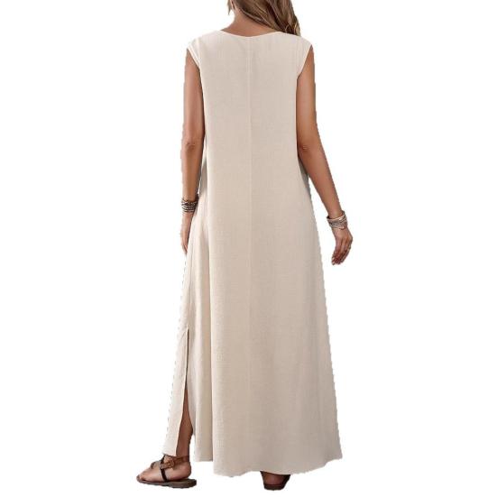 Rochie Maxi Fără Mâneci pentru Femei, Decolteu în V, Despicătură Laterală, Rochie Lungă, Rochie Casual de Vară cu Volan, Rochie Boho de Plajă pentru Vacanță