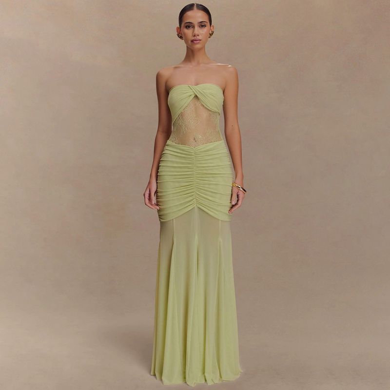 

European and American Cross-Border 2025 Summer New Style Sleeveless Tube Top Long Dress Sexy Hot Girl Pleated Hollow-Out Slim-Fit Dress for Women Green S
