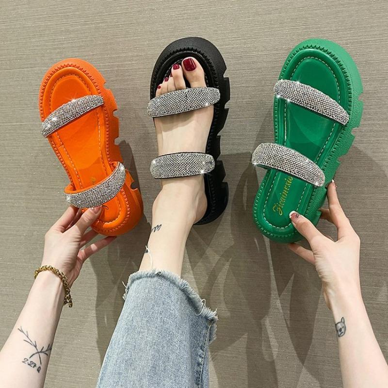Summer new fashionable bright diamond cool slippers wearing candy-colored muffin platform sandals women's casual one-word drag
