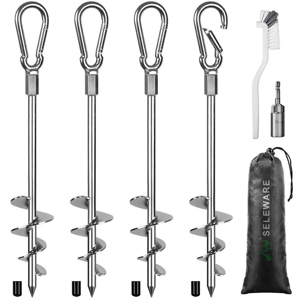 SELEWARE Ground Trampoline Tent Strong Wide Spiral Ground Anchors for and Animal Swing Sets 18-inch Screw-in Anchors, 4-Pack, Heavy-Duty Stakes,