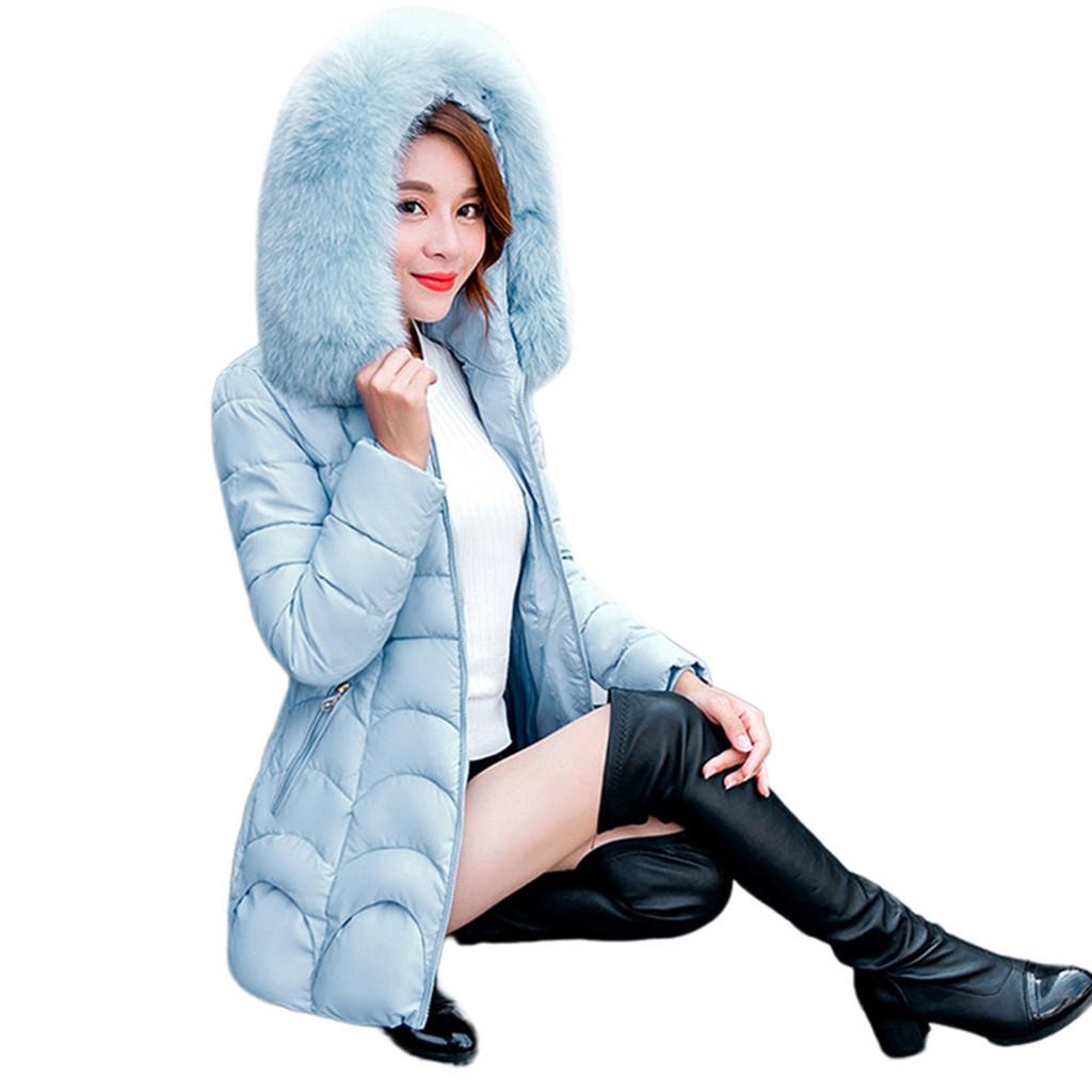Women Hooded Outwear Warm Coat Long Thick Furry Collar Cotton Slim Jacket