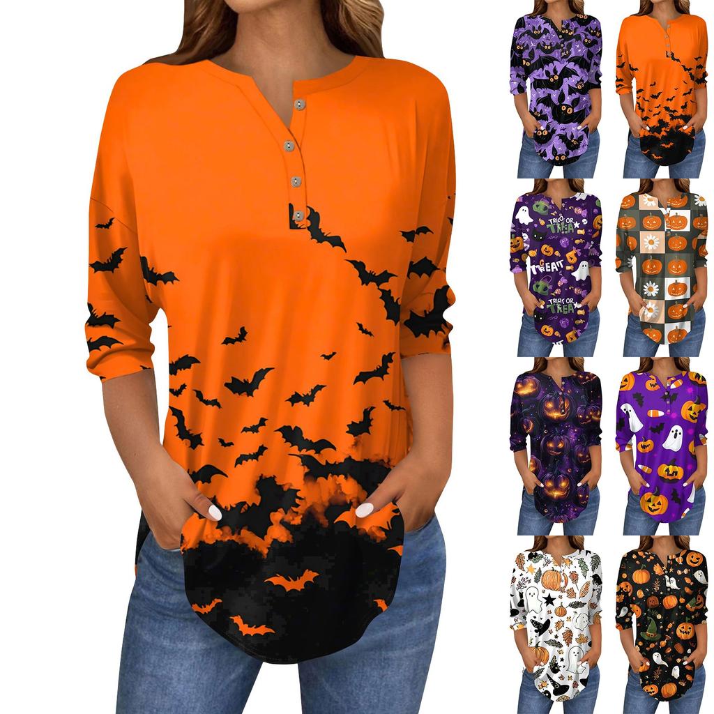 Women's Fashion Loose Button Collar Halloween Print Long Sleeve T-Shirt Top Pullover