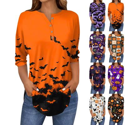 Damenmode Lockerer Knopfkragen Halloween-Print Langarm T-Shirt Top Pullover