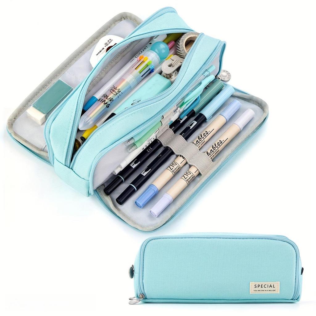 Large Capacity Three-Layer Zipper Pencil Case with 8 Pen Slots and 4 Inner Pockets in Oxford Cloth, Available in Multiple Colors