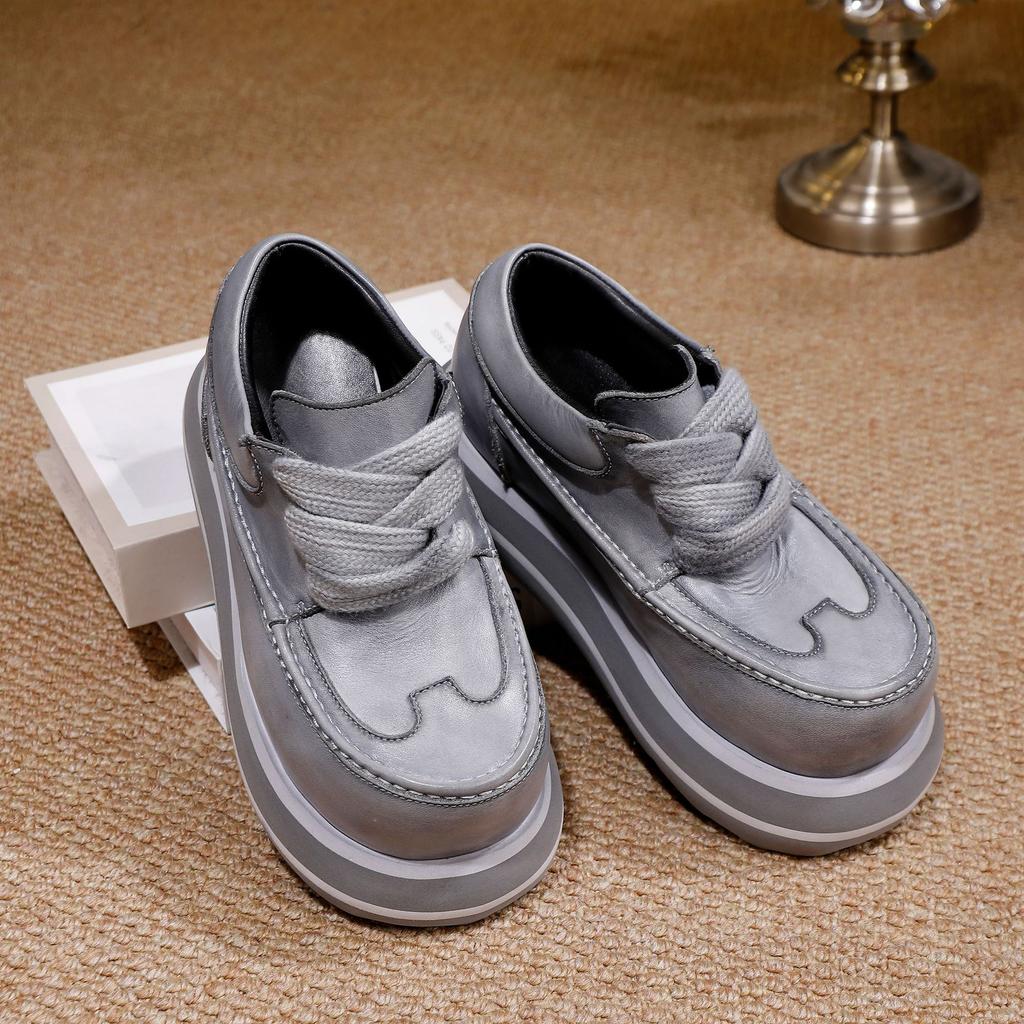 Johnature Genuine Leather Thick Soled Height Increasing Shoes Retro Lace Up Versatile High-heeled Pumps