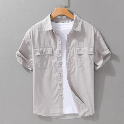 Sommerhemden für Herren Japanischer Stil Cargo Kurzarmhemd Doppeltaschen Arbeitskleidung Herrenoberteile Reine Baumwolle Freizeithemden