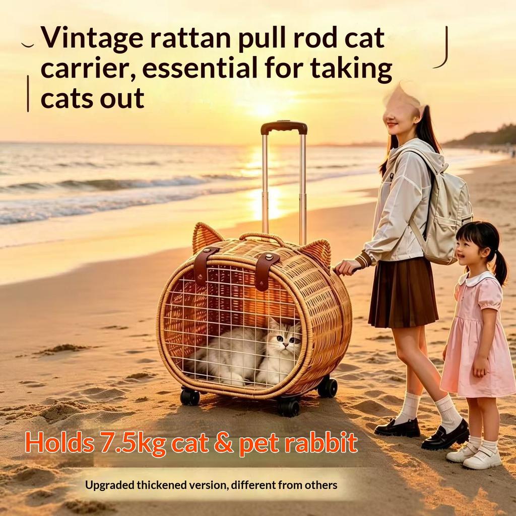 Rattan Woven Cat Ear Rolling Cat Carrier Breathable Escape-Proof Portable Large Capacity Pet Outdoor Travel Trolley for Cats New