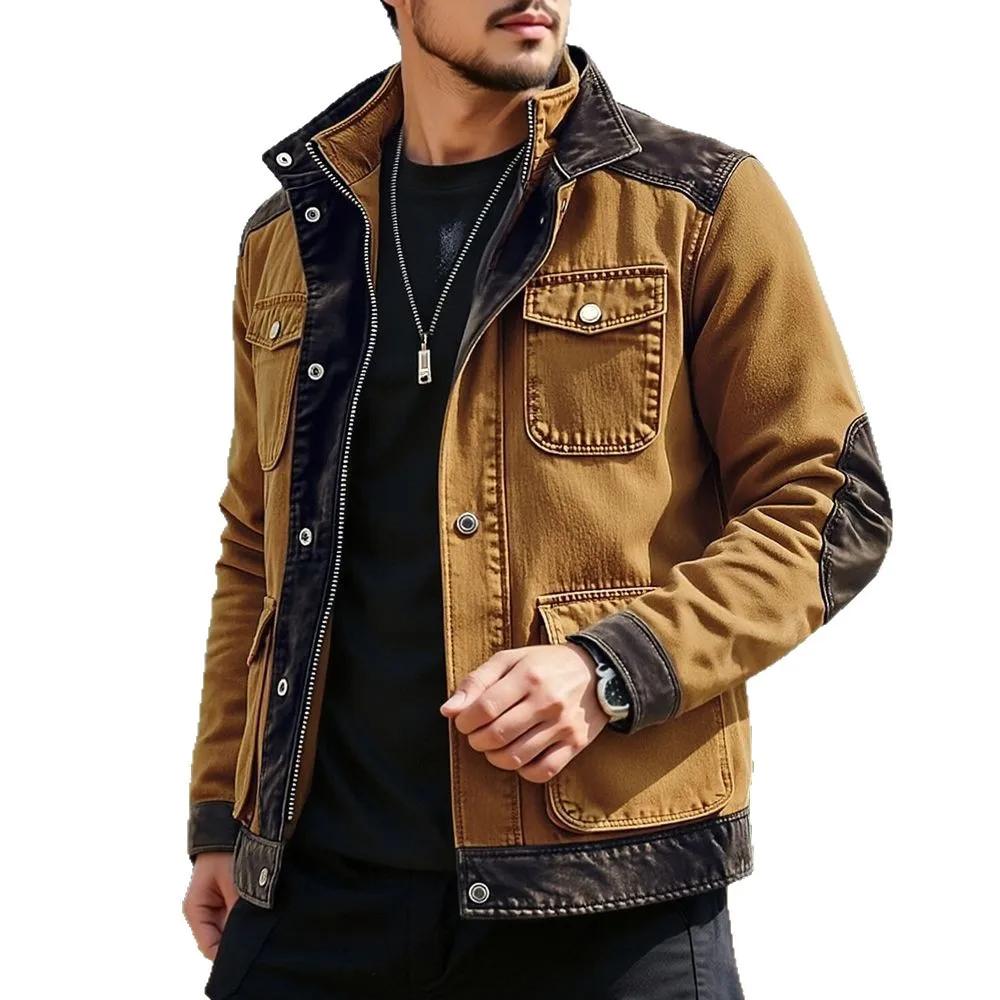 Spring Autumn Men's Multi Pocket Denim Jacket Fashion Patchwork Casual Outerwear Coat Men