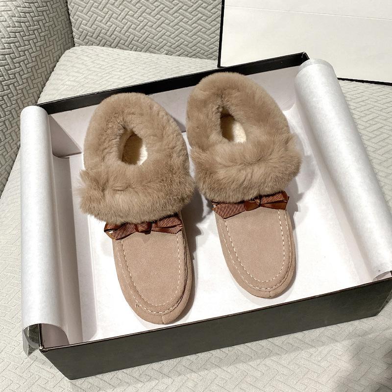 

Leather snow boots women s winter velvet 2025 new non-slip fluffy shoes warm cotton shoes rabbit hair inner height increase Doudou shoes 40