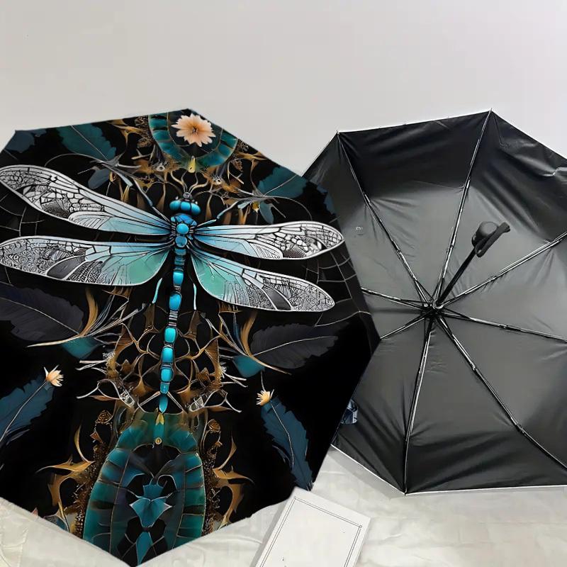 1 szt. Parasol z motywem ważki, automatycznie otwierany/zamykany, wiatroodporny, 8-żebrowy, wytrzymały czasza, trwałe żebra, modny design, akcesorium zewnętrzne, zabawny nadruk