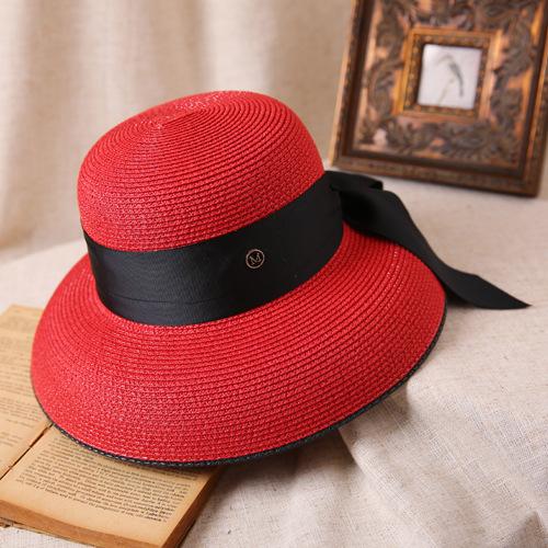 Hepburn Bow Ribbon Sun Hat Women'S Straw Hat Bucket Hat Color Sunscreen Sun Hat Beach Hat