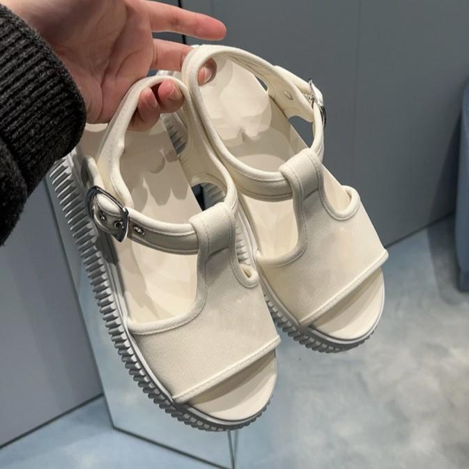 Seconds To Become Bigger Long Legs New Biscuits Canvas Sandals Platform One Word with Beach Shoes Miu Versatile Sandals