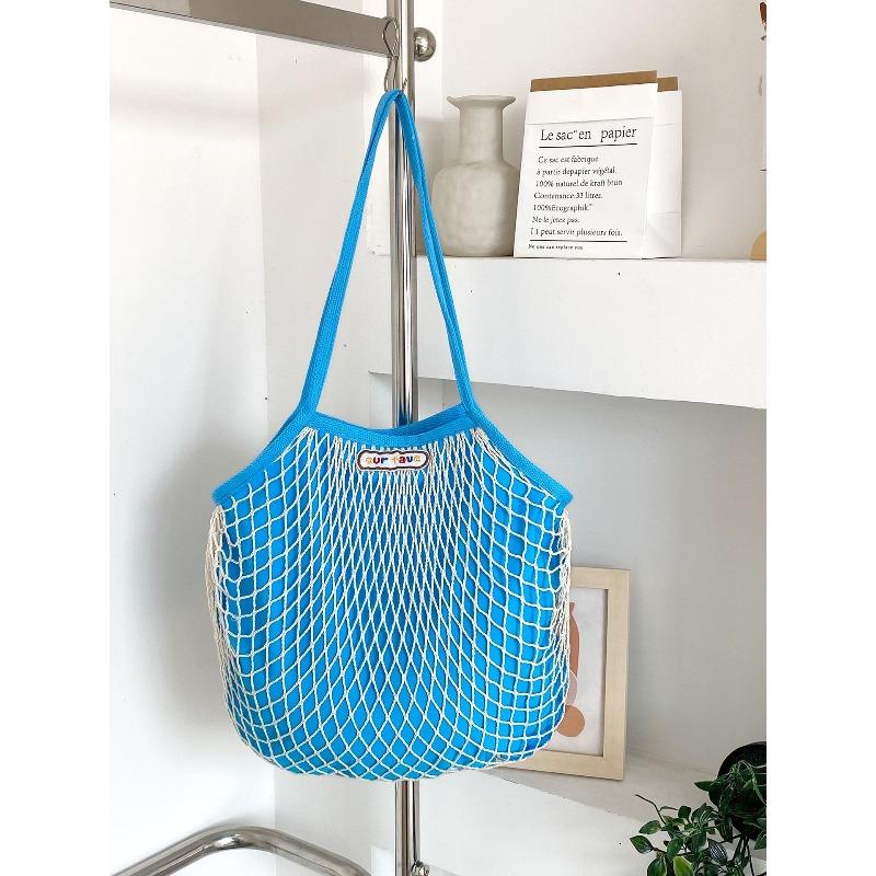Spring Dopamine Contrasting Color Beach Bag Mesh Pocket Hollow Woven Bag Island Vacation Picnic Travel Shoulder Handbag