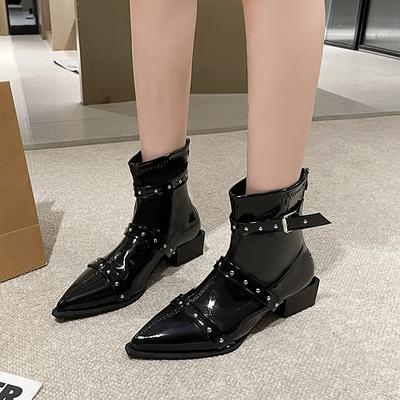 Winter Neue Grobe Absatz Einzelstiefel Damen Spitz Nieten Metallschnalle Rutschfest Verschleißfest Kurze Stiefel