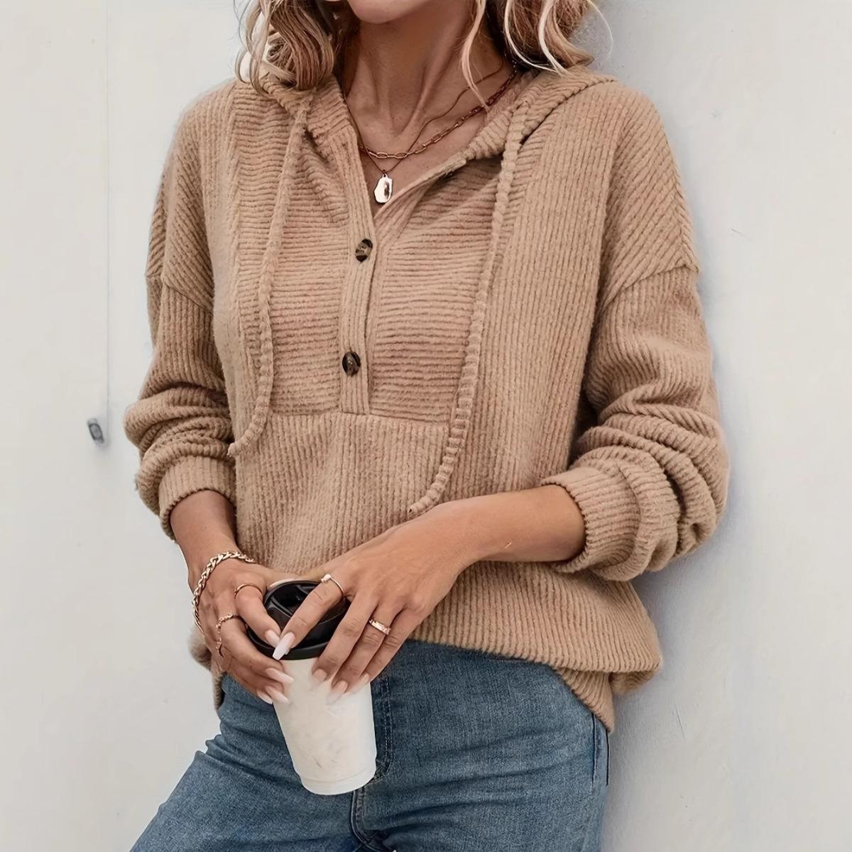 Women s Hooded Long Sleeve Knit Hoodie Loose Fit Elegant Commute Button Half Placket Sweatshirt S хаки