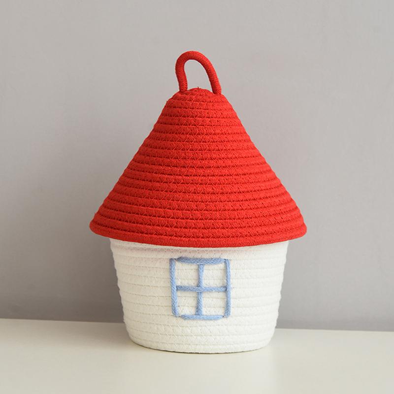 Мультяшная форма дома, плетеная корзина для хранения из хлопковой веревки с крышкой, большая вместимость, милые корзины для хранения в спальне, корзины для игрушек, пылезащитные хранилища