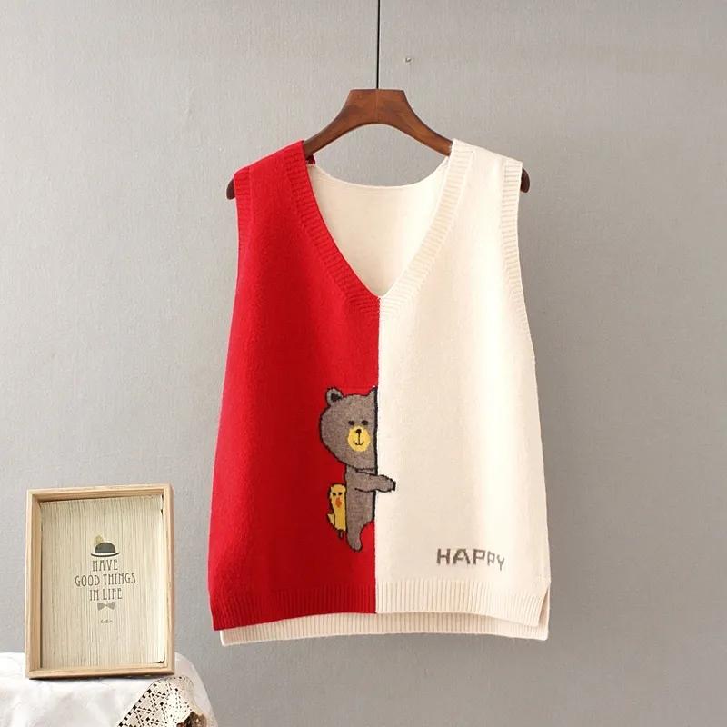 Jesienna kamizelka z dzianiny damski sweter z dekoltem w serek luźna kamizelka bez rękawów kamizelka bez rękawów wewnątrz i na zewnątrz